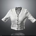 White Textured Knitted Short Sleeve Cardigan With V Neck Black Lace Trim And Buttons