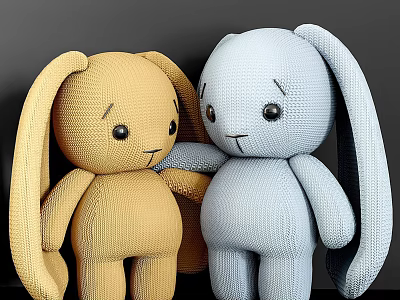 Two Cute Knitted Rabbit Plush Toys In Beige And Light Blue 3d model