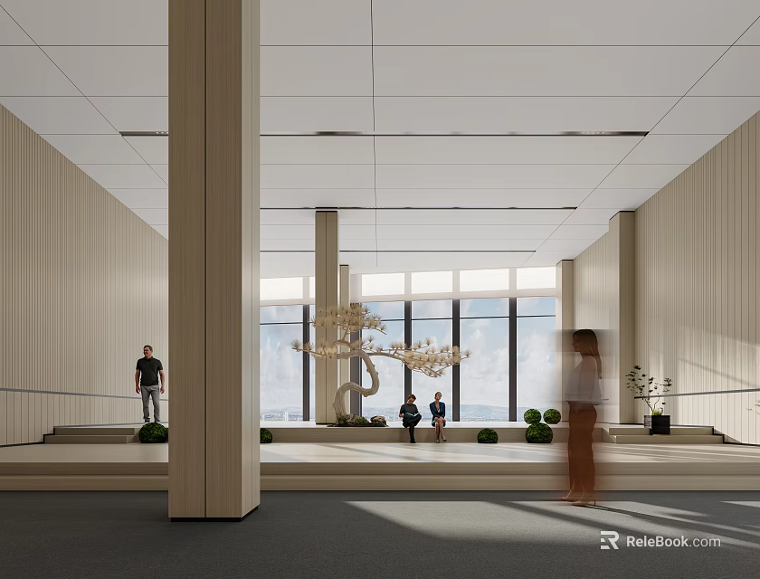 Modern Leisure Area With Wooden Walls Large Windows Indoor Plants And Open Layout 3d model 