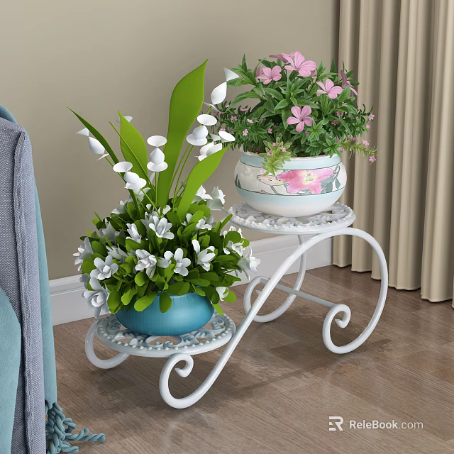 Two Tiered White Metal Plant Stand With Blue Pink Flower Pots And Green Leaves 3d model 