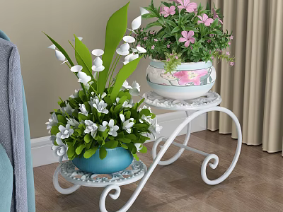 Two Tiered White Metal Plant Stand With Blue Pink Flower Pots And Green Leaves 3d model