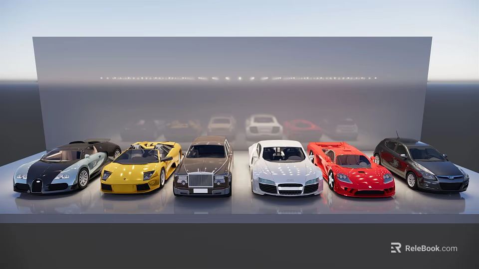 Various Car Models In Different Colors And Styles Displayed In A Row On A Platform 3d model 