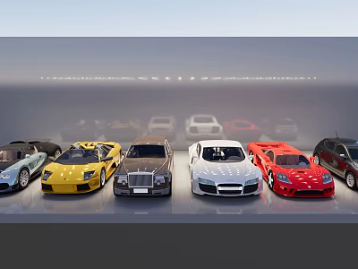 Various Car Models In Different Colors And Styles Displayed In A Row On A Platform 3d model