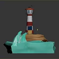 3D Lighthouse Scene With Red White Tower Small House Sandy Beach And Waves