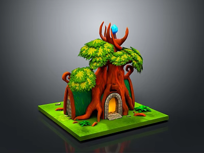 Cartoon Treehouse Building Featuring Tree Trunk Structure Green Leaves Red Antler Decor And Blue Orb 3d model