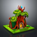 Cartoon Treehouse Building Featuring Tree Trunk Structure Green Leaves Red Antler Decor And Blue Orb