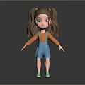 3D Cartoon Girl Character With Brown Hair Pigtails Blue Eyes Orange Top And Green Shoes