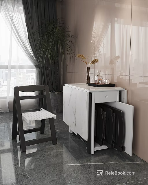 Modern Minimalist Dining Table Set with White Marble Cabinet Black Wooden Chair and Decorative Vase 3d model 