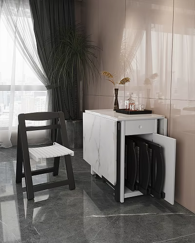 Modern Minimalist Dining Table Set with White Marble Cabinet Black Wooden Chair and Decorative Vase 3d model