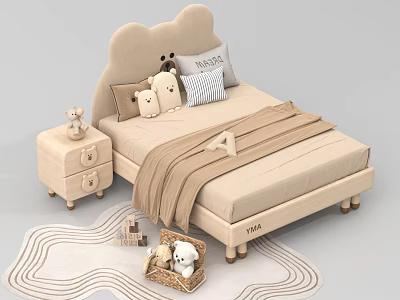 Kids Bed with Bear Ear Headboard Stuffed Toys Pillows Side Table and Soft Rug 3d model