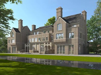 Classic Semi Detached Villa Exterior With Stone Facade Large Windows Green Lawn And Pond 3d model