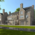 Classic Semi Detached Villa Exterior With Stone Facade Large Windows Green Lawn And Pond