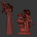 Women in Long Dresses Holding Angels with Halo and Wings near Stone Pedestal