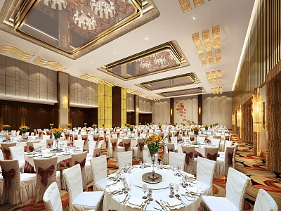 Elegant Banquet Hall with Luxurious Ceiling Chandeliers White Tablecloths Floral Centerpieces and White Chairs 3d model