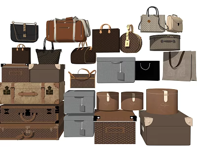 Various Stylish Luggage and Bags in Neutral Tones Including Suitcases Handbags and Trunks 3d model