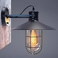 Industrial Black Metal Wall Light With Glass Shade And Vintage Filament Bulb On Gray Wall