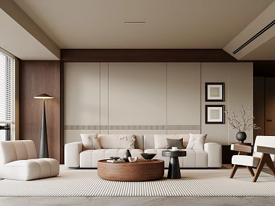 Elegant Living Room Interior With Beige Sofa Round Wooden Coffee Table And Two Paintings 3d model