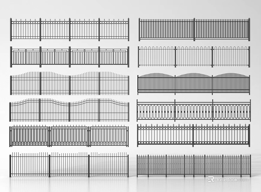 Various Metal Fence Designs With Different Patterns And Rail Structures For Home 3d model