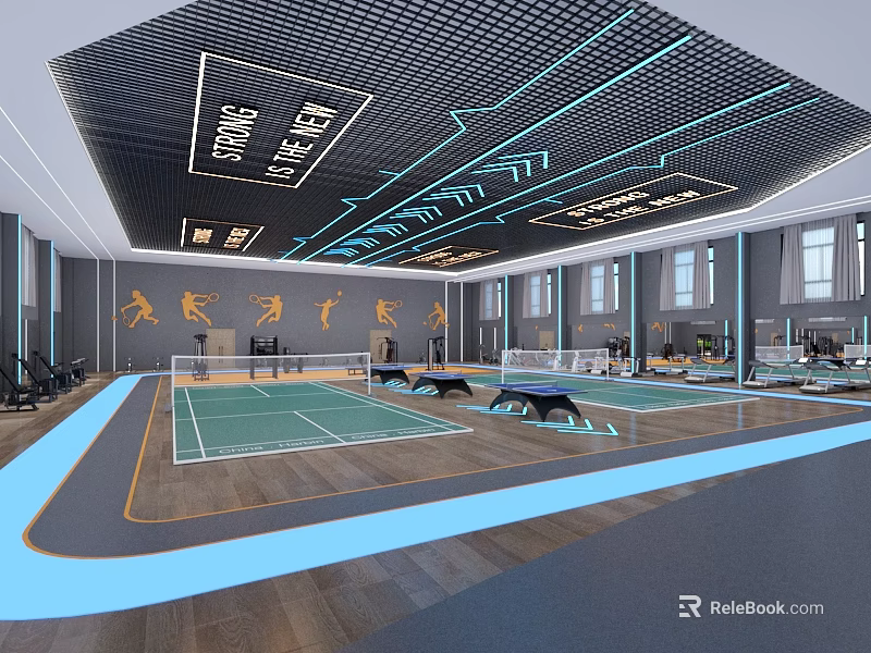 Modern Fitness Gym Interior With Badminton Courts Treadmills Wooden Flooring And Blue Lighting 3d model 