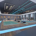 Modern Fitness Gym Interior With Badminton Courts Treadmills Wooden Flooring And Blue Lighting