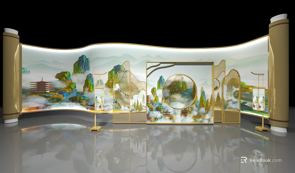 Chinese Style Decorative Scene With Mountain Landscape Golden Frame And Cloud Motifs 3d model 