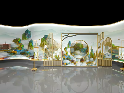 Chinese Style Decorative Scene With Mountain Landscape Golden Frame And Cloud Motifs 3d model