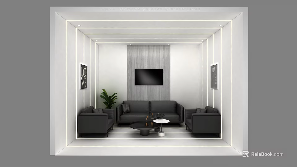 Modern Lounge Area Interior With Black Sofas Coffee Table TV Plant And Decorative Paintings 3d model 