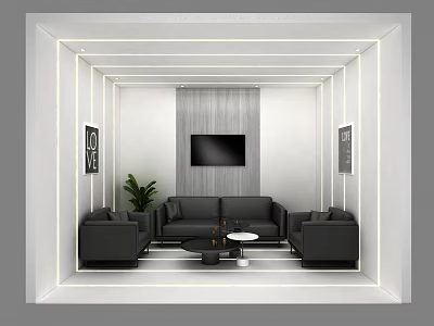 Modern Lounge Area Interior With Black Sofas Coffee Table TV Plant And Decorative Paintings 3d model