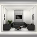 Modern Lounge Area Interior With Black Sofas Coffee Table TV Plant And Decorative Paintings