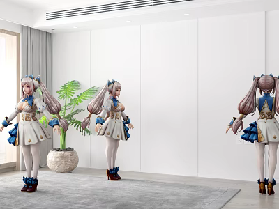 Fantasy Game Character Three Views Twin Tails Blue White Costume Knee High Socks Potted Plant 3d model