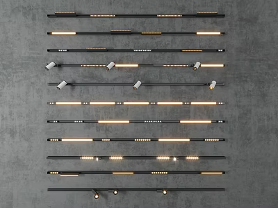 Various Styles of Downlights and Spotlights Illuminated Neatly Arranged on Gray Wall Showcasing Lighting Effects 3d model