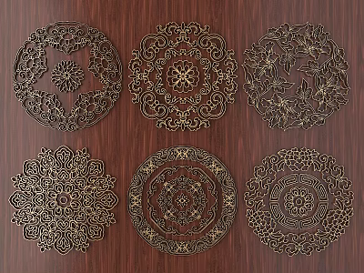 Decorative Intricate Circular Metal Carvings With Ornate Patterns On Wooden Background 3d model