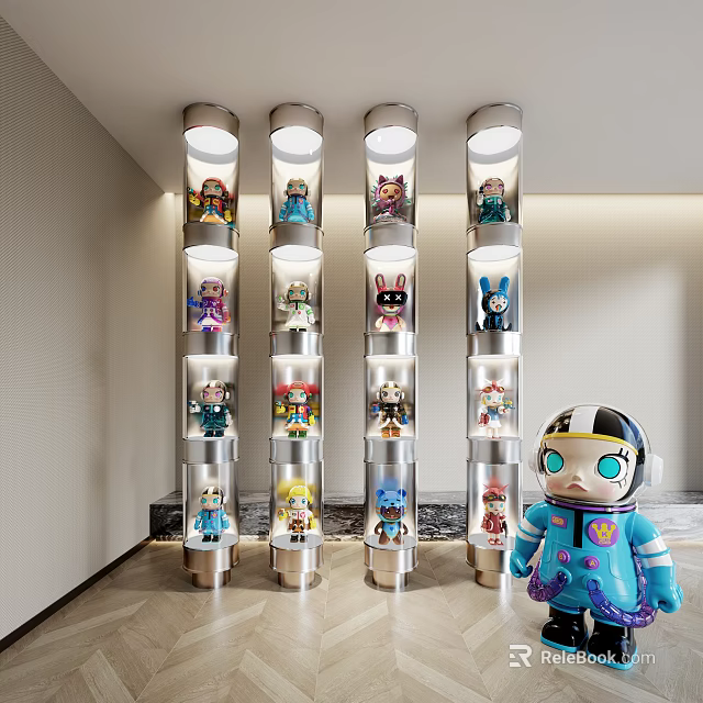 Colorful Dolls Showcased in Modern Interior Glass Columns with Astronaut Figurine 3d model 