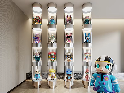 Colorful Dolls Showcased in Modern Interior Glass Columns with Astronaut Figurine 3d model