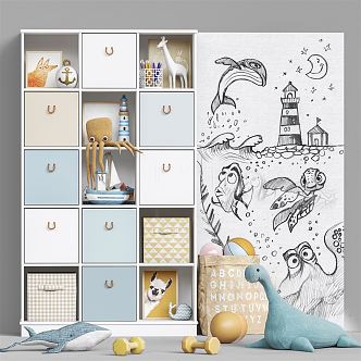 Mediterranean Storage Cabinet Children's Storage Cabinet Toy Cabinet Decorative Cabinet Dinosaur Octopus Sailboat 3d model