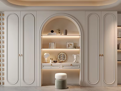 Elegant Modern Walk in Closet Interior With White Arched Doors Lighting Strips And Storage Cabinets 3d model