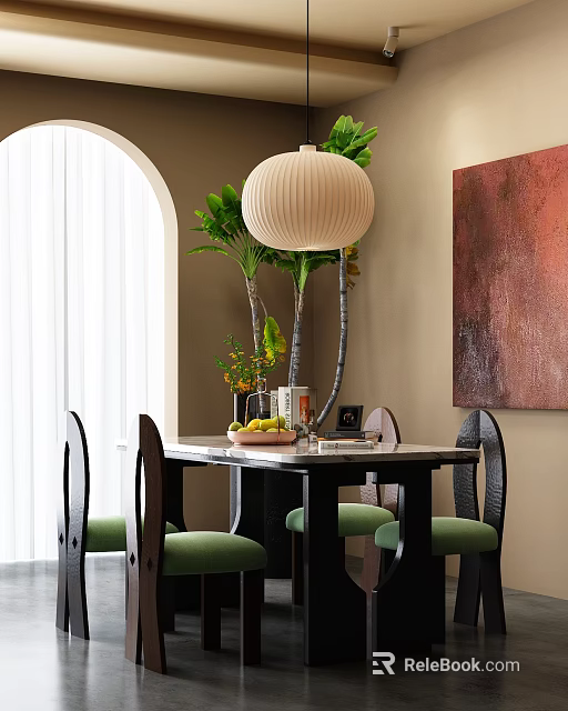 Cozy Dining Table Set With Marble Top Green Chairs Pendant Light And Wall Art 3d model 