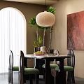 Cozy Dining Table Set With Marble Top Green Chairs Pendant Light And Wall Art