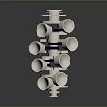 White Mechanical Components With Blue Details Arranged In Row On Dark Reflective Surface