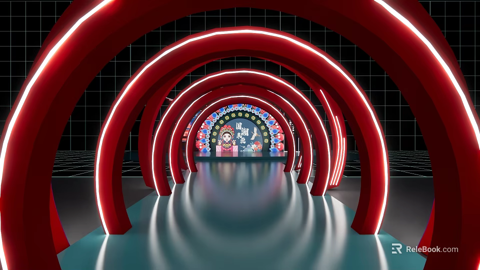 Red Arches Photo Spot With Decorative Backdrop Cartoon Characters Reflective Floor And Black Grid Wall 3d model 