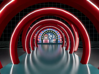 Red Arches Photo Spot With Decorative Backdrop Cartoon Characters Reflective Floor And Black Grid Wall 3d model
