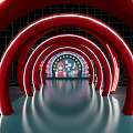 Red Arches Photo Spot With Decorative Backdrop Cartoon Characters Reflective Floor And Black Grid Wall