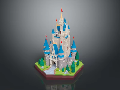 Cartoon Castle Scene With Blue Spires Red Flags Gray Walls And Green Trees 3d model
