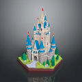 Cartoon Castle Scene With Blue Spires Red Flags Gray Walls And Green Trees