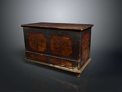 Vintage Dark Brown Wooden Chest Displaying Hand Painted Tree Designs And Distressed Finish 3d model