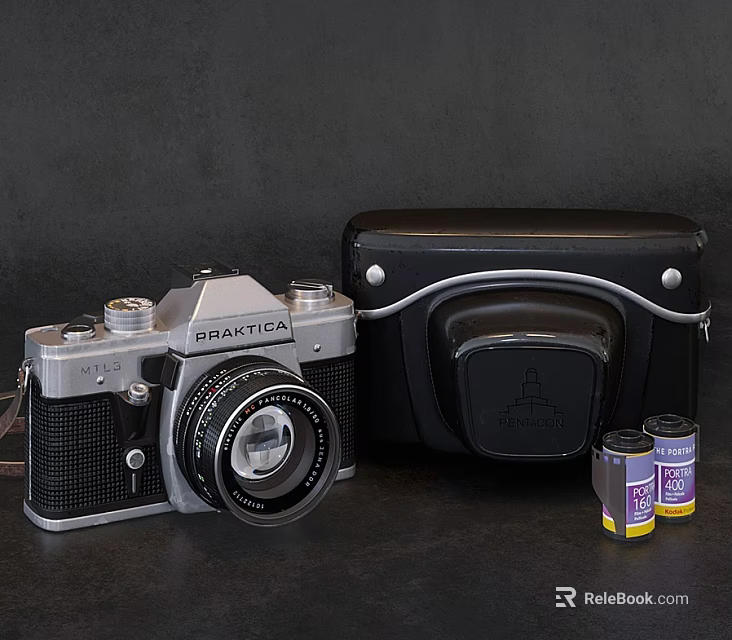 Praktica Film Camera With Case And Film Rolls 3d model 
