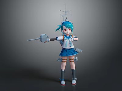 Anime Ship Girl Character With Teal Hair In Blue White Uniform Holding Weapon 3d model