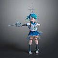 Anime Ship Girl Character With Teal Hair In Blue White Uniform Holding Weapon