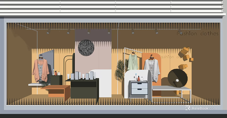 Fashionable Window Display Featuring Clothes Display Tables Decorative Elements And Lighting 3d model 