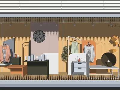 Fashionable Window Display Featuring Clothes Display Tables Decorative Elements And Lighting 3d model